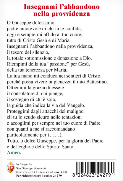 Cartolina San Giuseppe dormiente. Sul retro "Insegnami l'abbandono nella provvidenza"