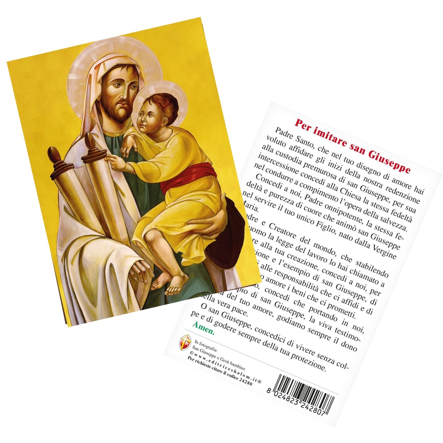 Cartolina San Giuseppe e Gesù Bambino. Sul retro "Per imitare San Giuseppe"