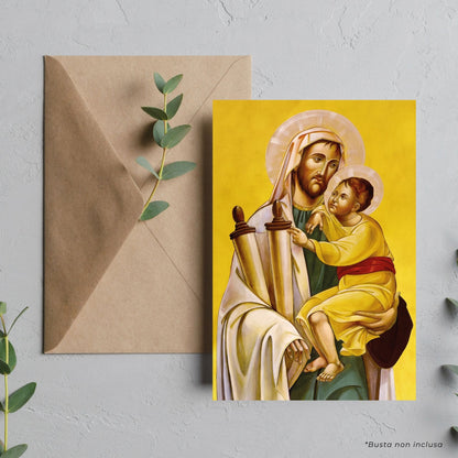 Cartolina San Giuseppe e Gesù Bambino. Sul retro "Per imitare San Giuseppe"