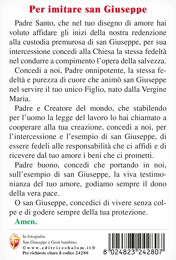 Cartolina San Giuseppe e Gesù Bambino. Sul retro "Per imitare San Giuseppe"