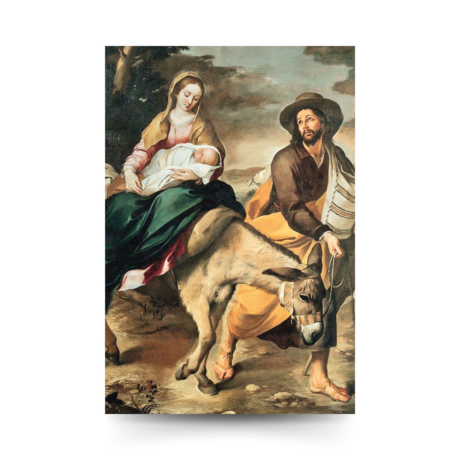 Cartolina Fuga in Egitto. Sul retro "A San Giuseppe per trovare casa"