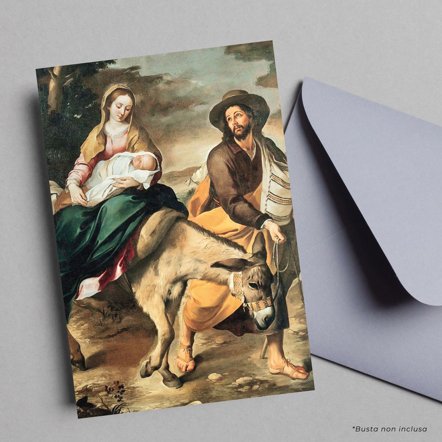 Cartolina Fuga in Egitto. Sul retro "A San Giuseppe per trovare casa"
