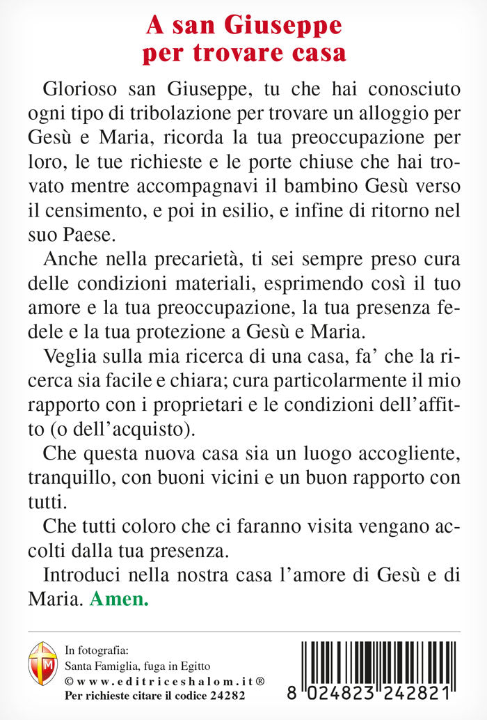 Cartolina Fuga in Egitto. Sul retro "A San Giuseppe per trovare casa"