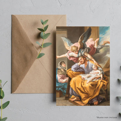 Cartolina Santa Famiglia. Sul retro "A San Giuseppe dormiente"
