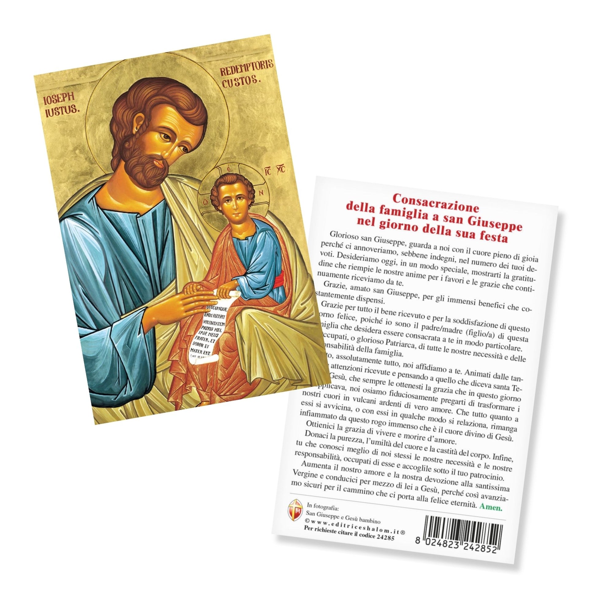 Cartolina Icona San Giuseppe e Gesù Bambino. Sul retro "Consacrazione della famiglia a San Giuseppe nel giorno della sua festa"