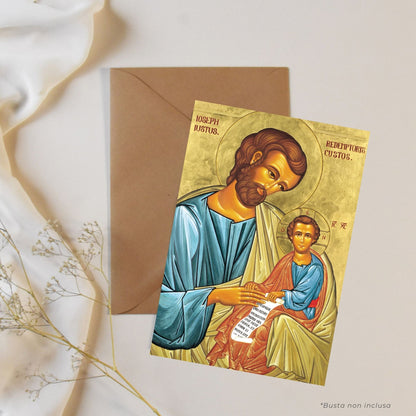 Cartolina Icona San Giuseppe e Gesù Bambino. Sul retro "Consacrazione della famiglia a San Giuseppe nel giorno della sua festa"