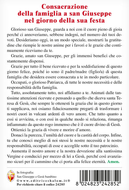 Cartolina Icona San Giuseppe e Gesù Bambino. Sul retro "Consacrazione della famiglia a San Giuseppe nel giorno della sua festa"