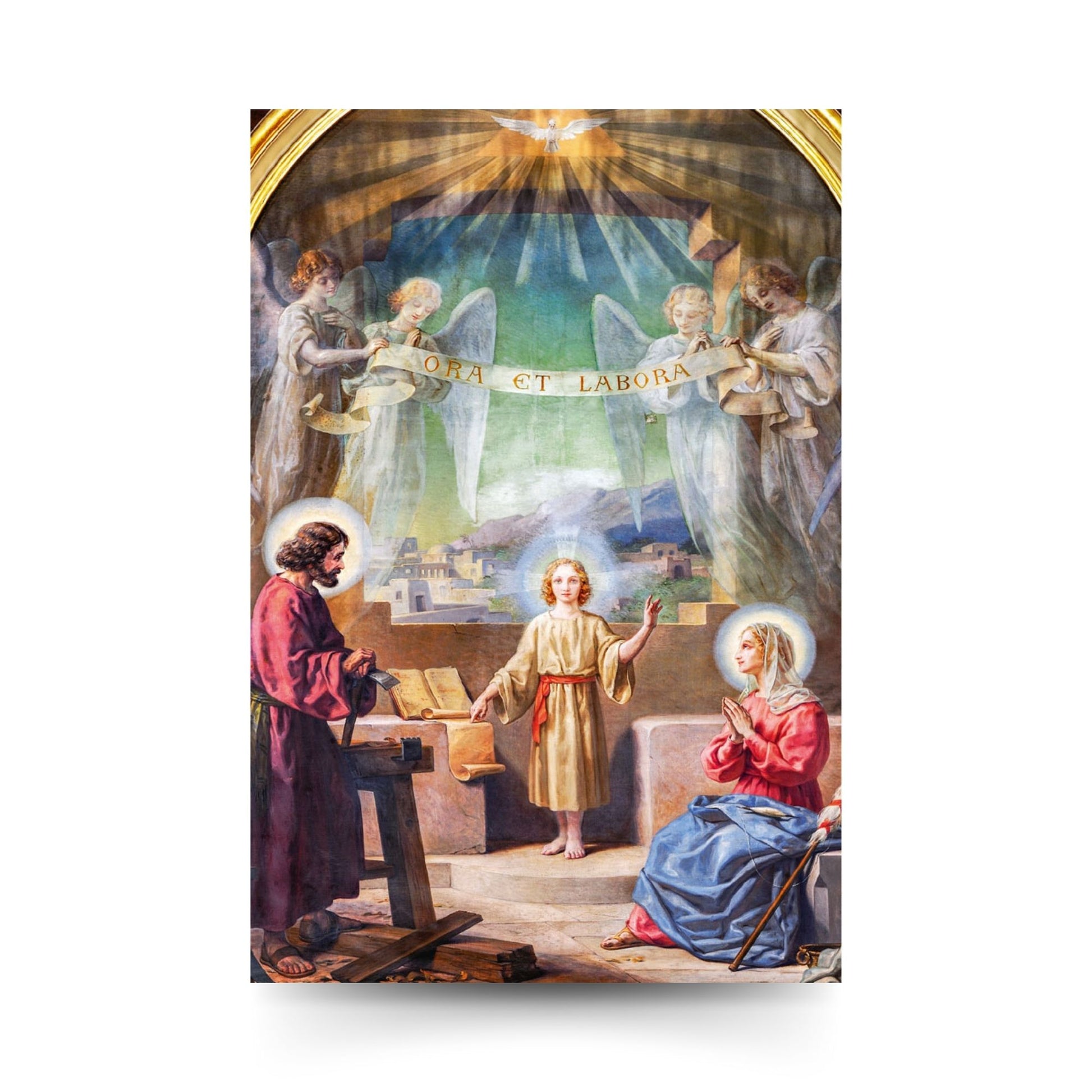 Cartolina Trinità e santi Giuseppe e Maria. Sul retro "Consacrazione a San Giuseppe"