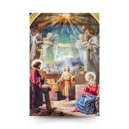 Cartolina Trinità e santi Giuseppe e Maria. Sul retro "Consacrazione a San Giuseppe"