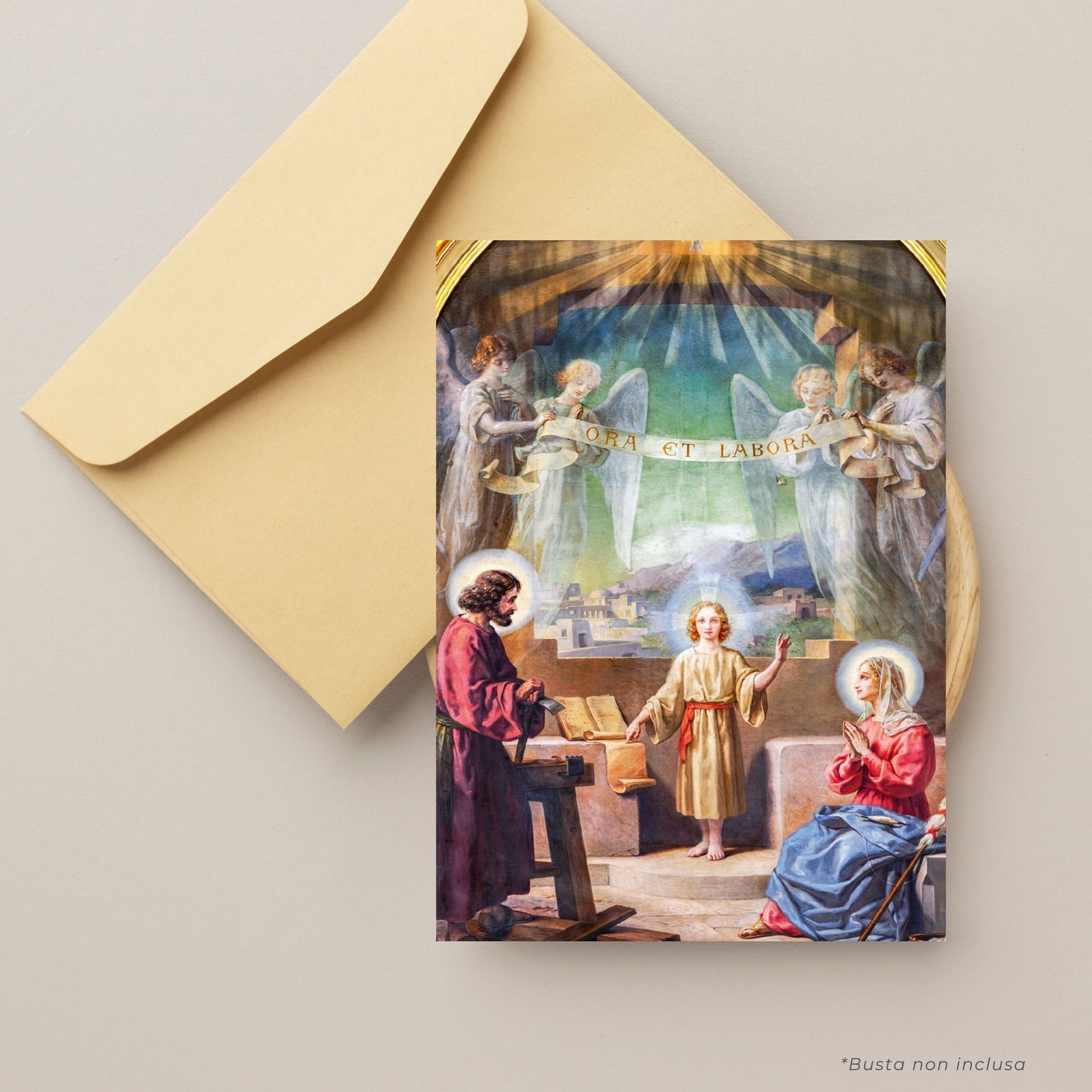 Cartolina Trinità e santi Giuseppe e Maria. Sul retro "Consacrazione a San Giuseppe"