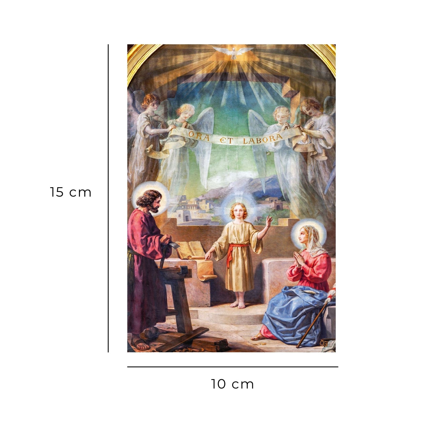 Cartolina Trinità e santi Giuseppe e Maria. Sul retro "Consacrazione a San Giuseppe"