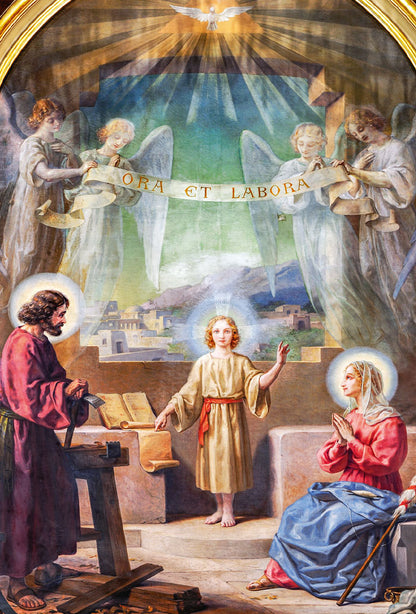 Cartolina Trinità e santi Giuseppe e Maria. Sul retro "Consacrazione a San Giuseppe"