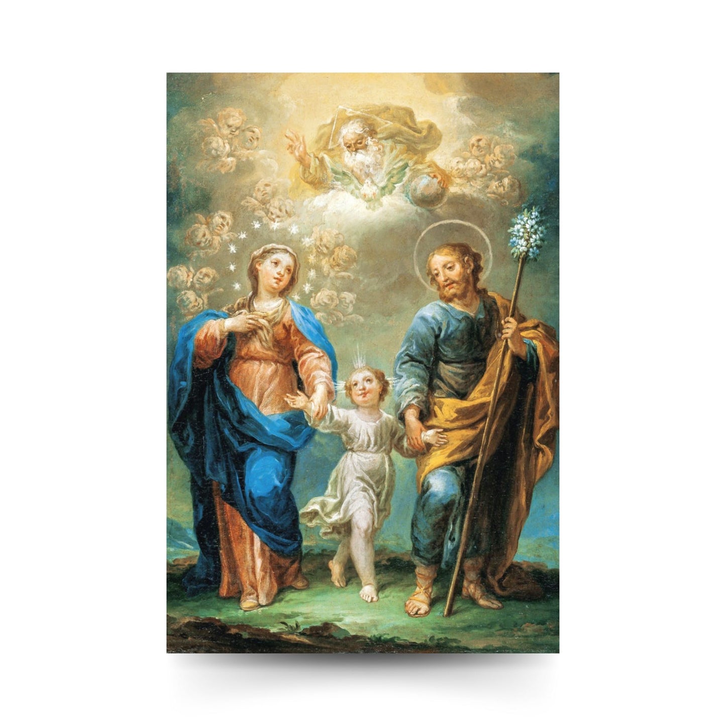 Cartolina Trinità e Santi Giuseppe e Maria. Sul retro "Atto di affidamento a san Giuseppe"