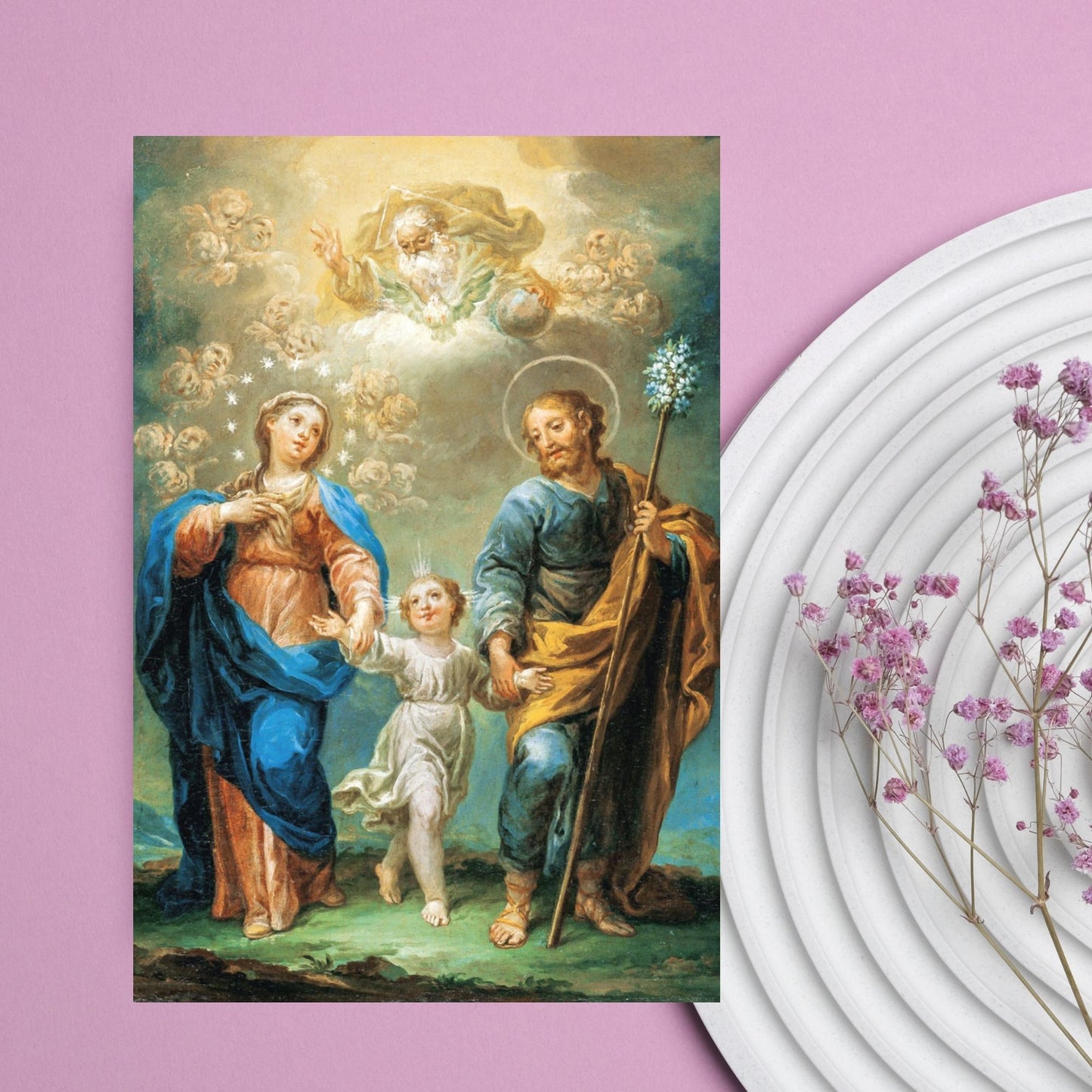 Cartolina Trinità e Santi Giuseppe e Maria. Sul retro "Atto di affidamento a san Giuseppe"