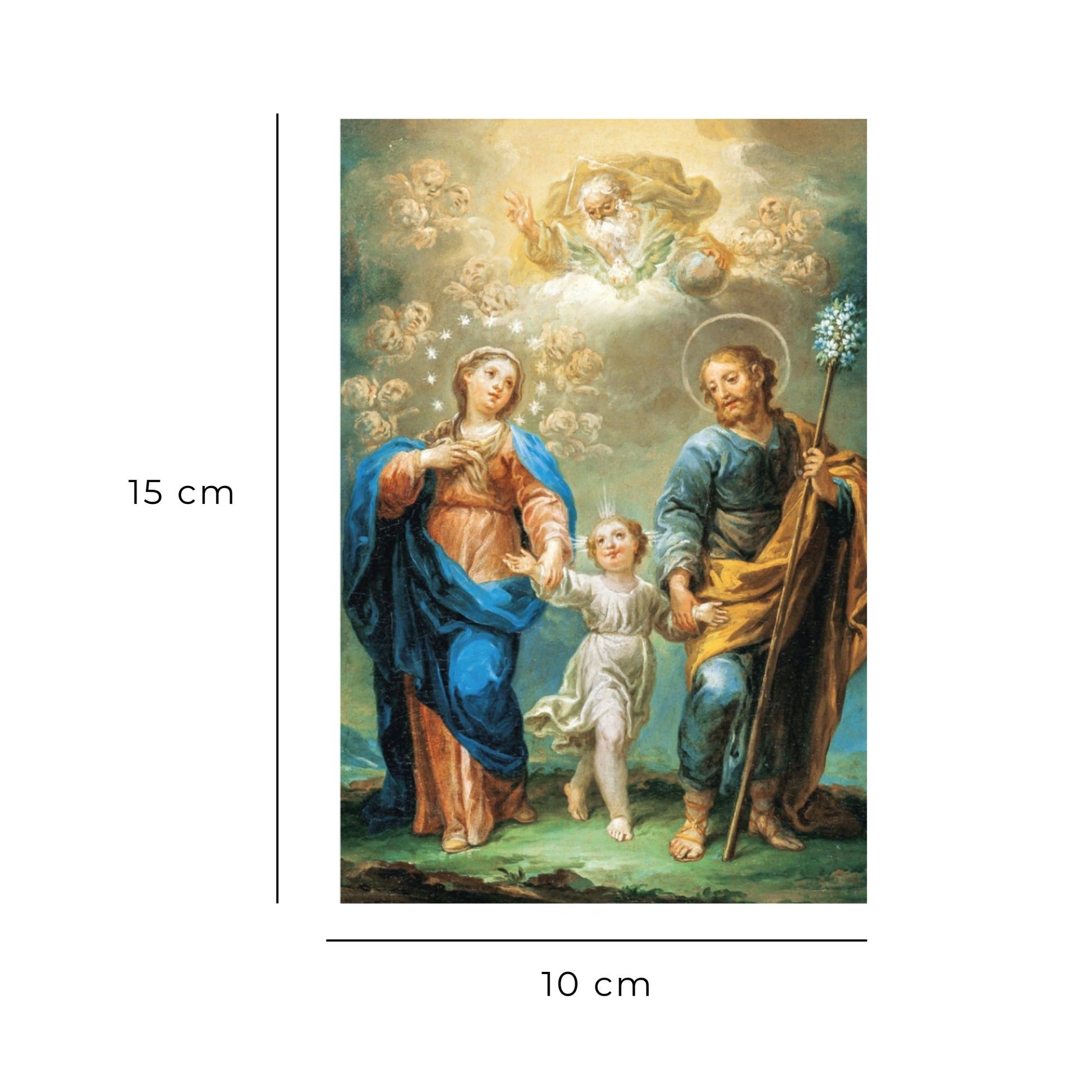 Cartolina Trinità e Santi Giuseppe e Maria. Sul retro "Atto di affidamento a san Giuseppe"