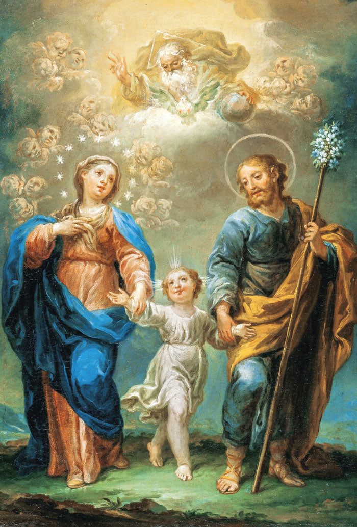 Cartolina Trinità e Santi Giuseppe e Maria. Sul retro "Atto di affidamento a san Giuseppe"