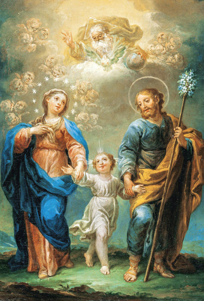 Cartolina Trinità e Santi Giuseppe e Maria. Sul retro "Atto di affidamento a san Giuseppe"