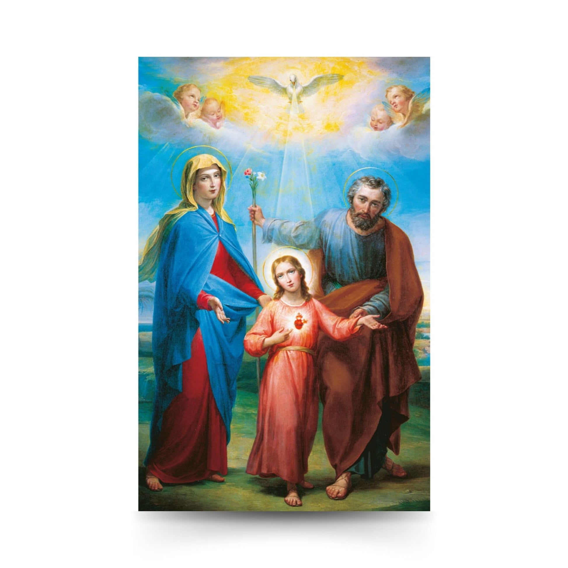 Cartolina Santa Famiglia. Sul retro "Consacrazione a Maria Santissima e a San Giuseppe"