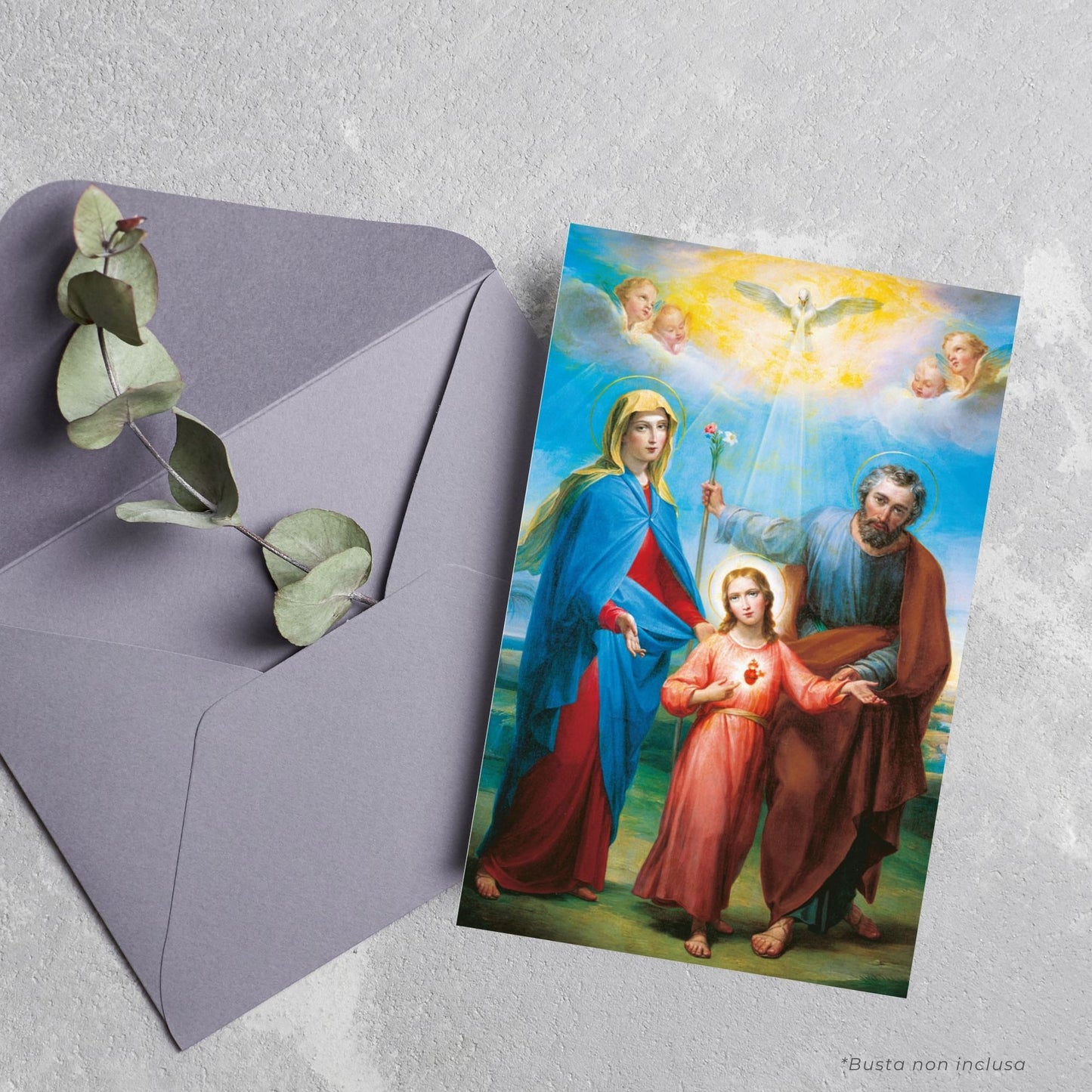 Cartolina Santa Famiglia. Sul retro "Consacrazione a Maria Santissima e a San Giuseppe"