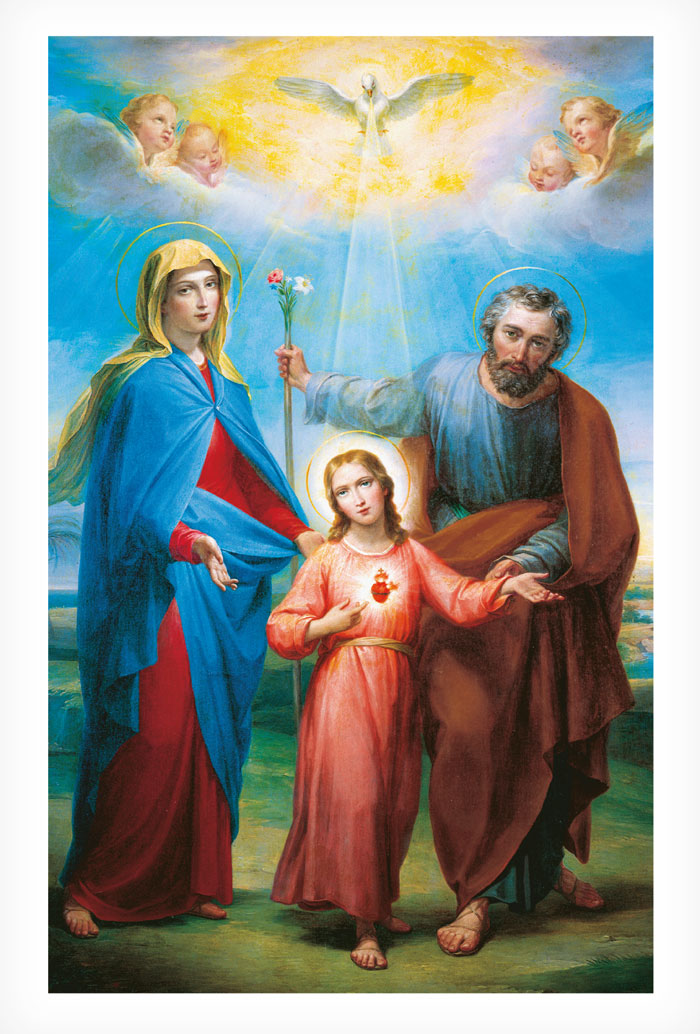 Cartolina Santa Famiglia. Sul retro "Consacrazione a Maria Santissima e a San Giuseppe"