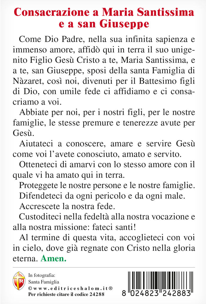 Cartolina Santa Famiglia. Sul retro "Consacrazione a Maria Santissima e a San Giuseppe"