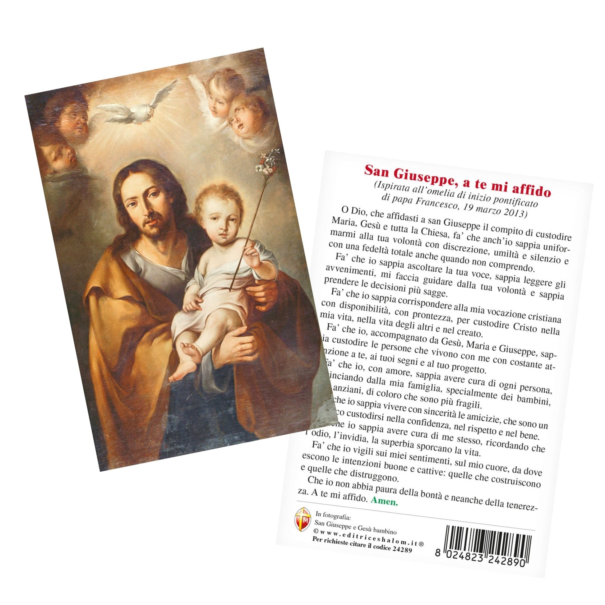 Cartolina San Giuseppe e Gesù Bambino. Sul retro "San Giuseppe, a te mi affido"