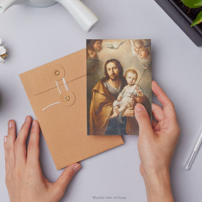 Cartolina San Giuseppe e Gesù Bambino. Sul retro "San Giuseppe, a te mi affido"
