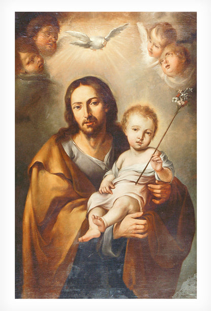 Cartolina San Giuseppe e Gesù Bambino. Sul retro "San Giuseppe, a te mi affido"