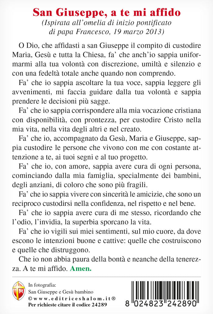 Cartolina San Giuseppe e Gesù Bambino. Sul retro "San Giuseppe, a te mi affido"