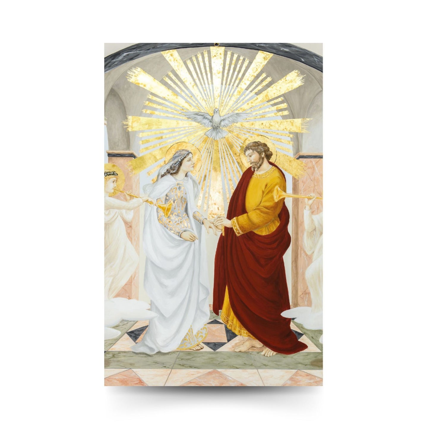 Cartolina Santi Sposi Maria e Giuseppe. Sul retro "Preghiera degli sposi nel giorno della festa di san Giuseppe"