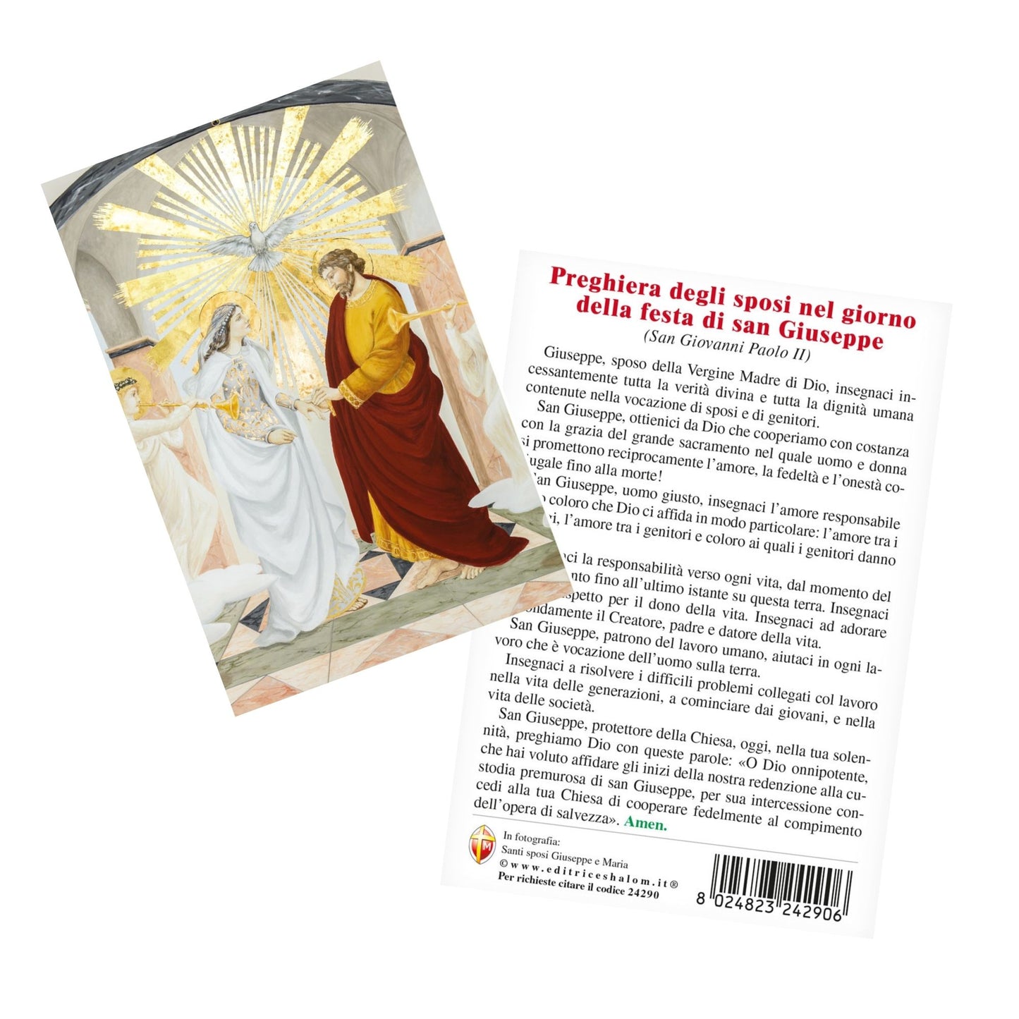 Cartolina Santi Sposi Maria e Giuseppe. Sul retro "Preghiera degli sposi nel giorno della festa di san Giuseppe"