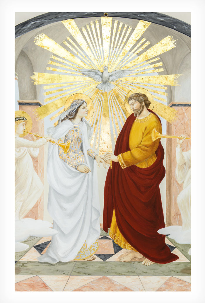Cartolina Santi Sposi Maria e Giuseppe. Sul retro "Preghiera degli sposi nel giorno della festa di san Giuseppe"