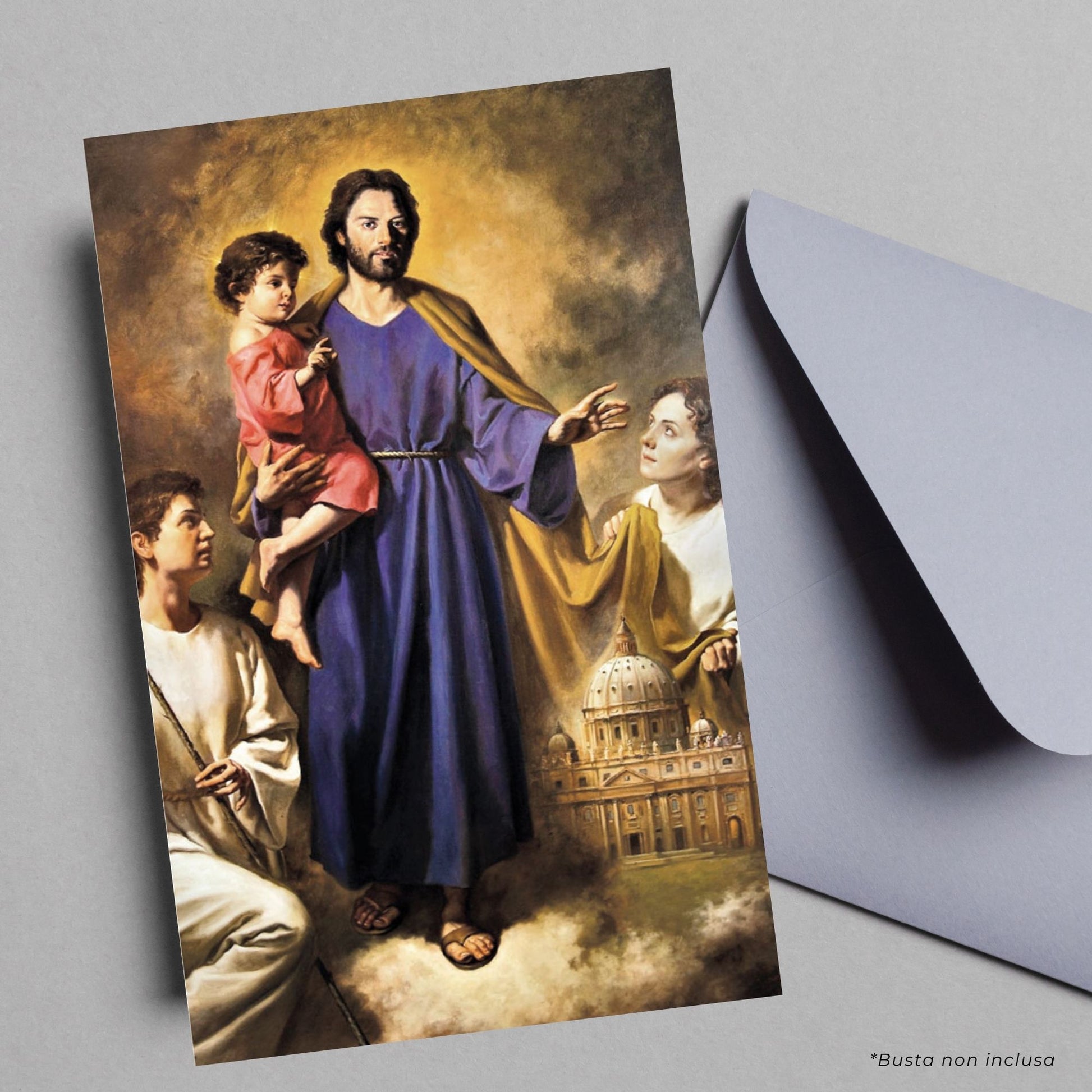 Cartolina San Giuseppe patrono della Chiesa. Sul retro "Benedici la Chiesa"