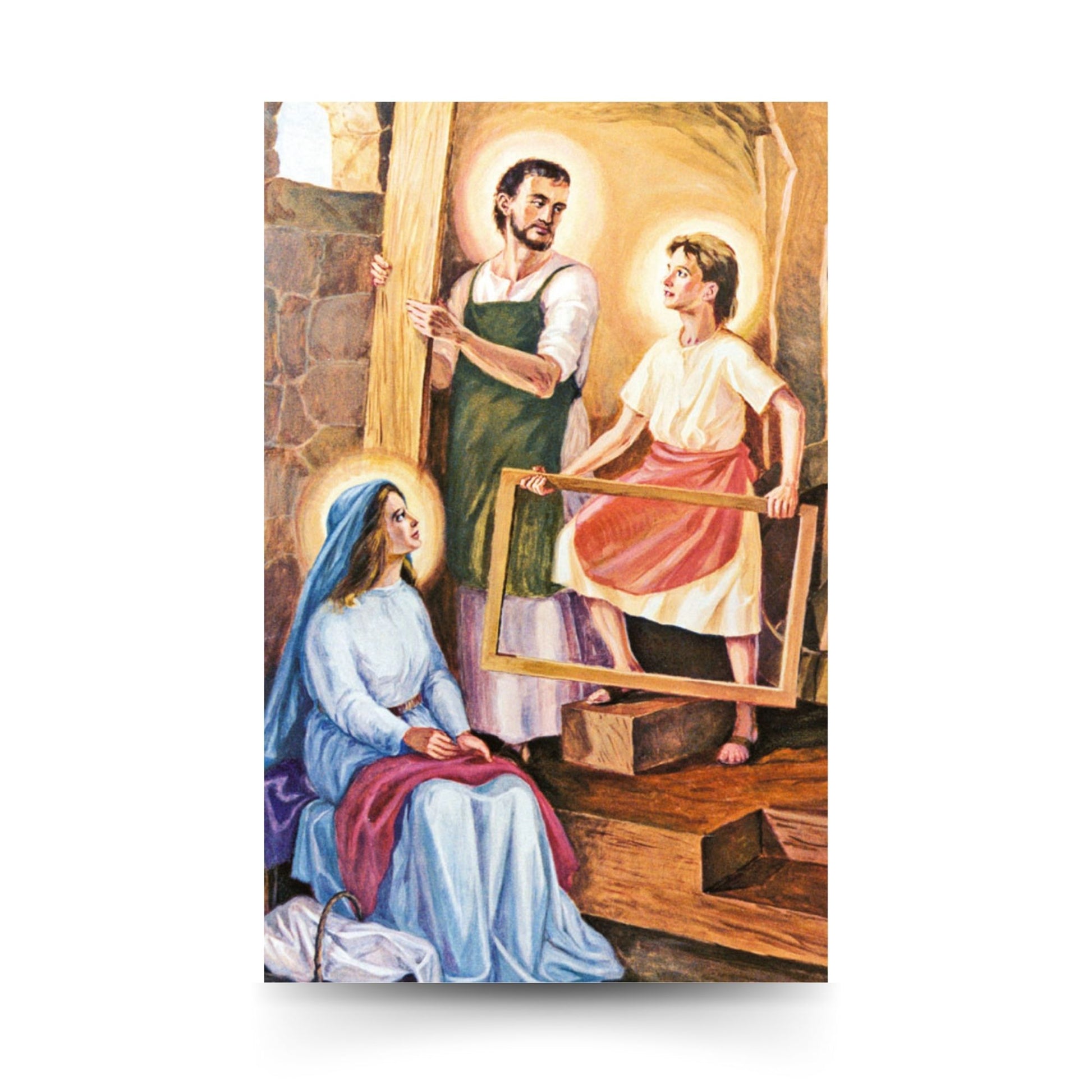 Cartolina Santa Famiglia. Sul retro "San Giuseppe, vicino a ogni lavoratore"