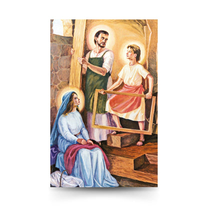 Cartolina Santa Famiglia. Sul retro "San Giuseppe, vicino a ogni lavoratore"