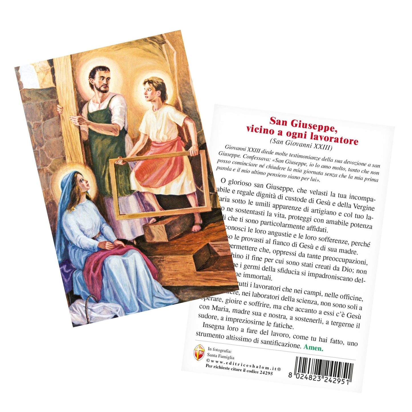 Cartolina Santa Famiglia. Sul retro "San Giuseppe, vicino a ogni lavoratore"
