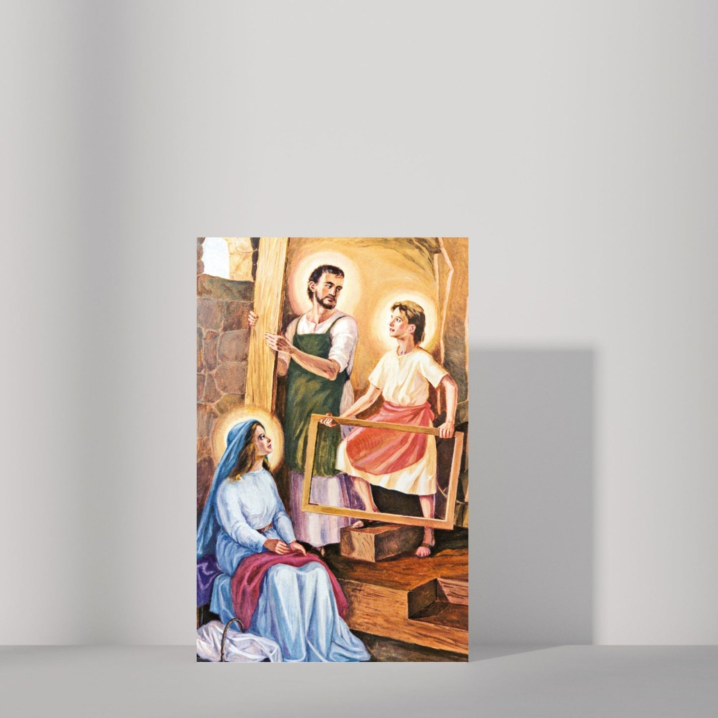 Cartolina Santa Famiglia. Sul retro "San Giuseppe, vicino a ogni lavoratore"