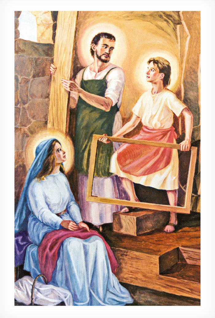 Cartolina Santa Famiglia. Sul retro "San Giuseppe, vicino a ogni lavoratore"