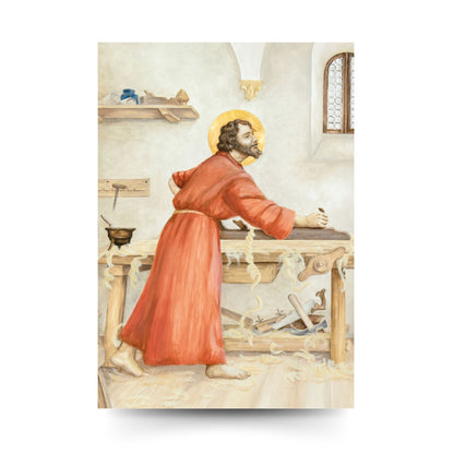 Cartolina San Giuseppe lavoratore. Sul retro "San Giuseppe, modello dei lavoratori"