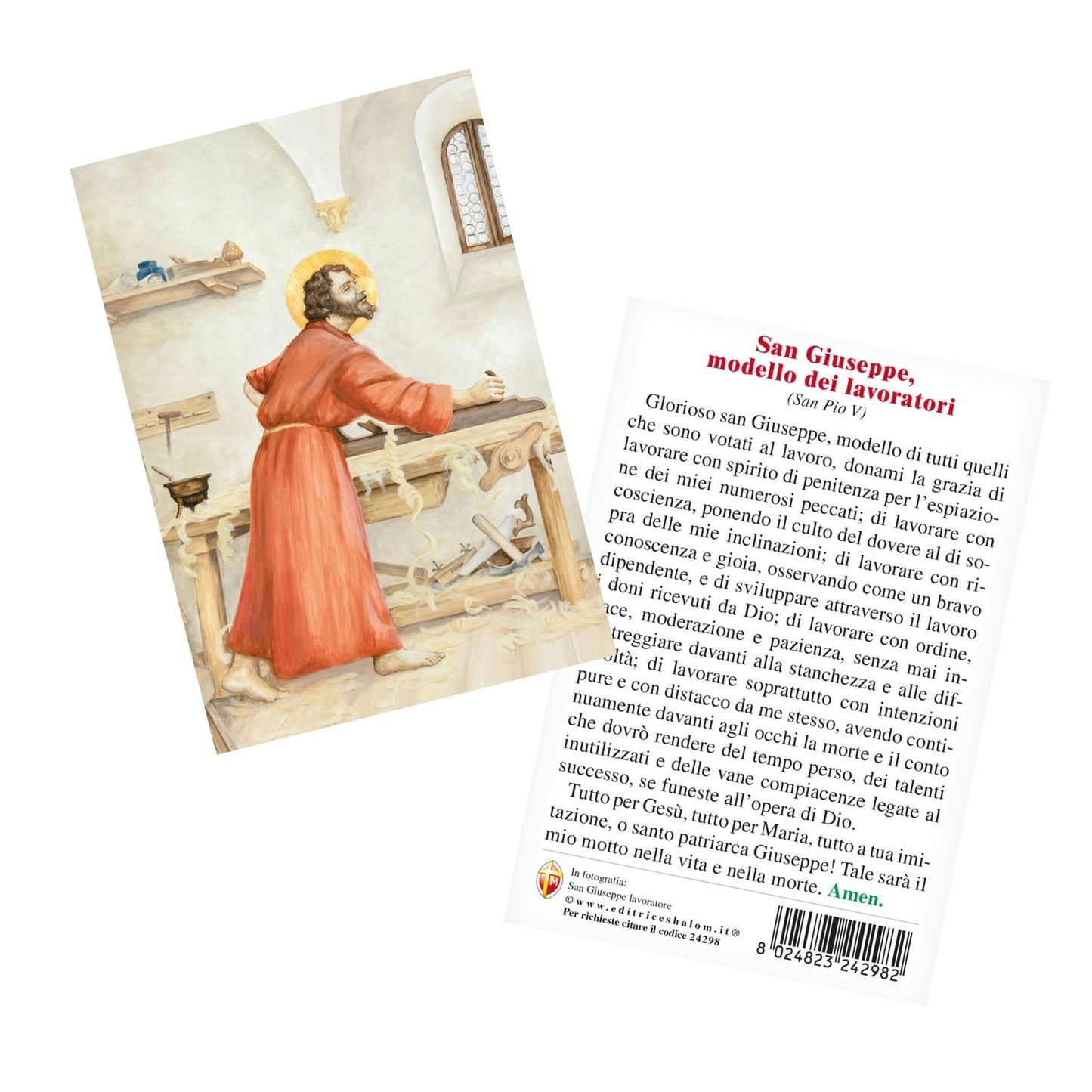 Cartolina San Giuseppe lavoratore. Sul retro "San Giuseppe, modello dei lavoratori"