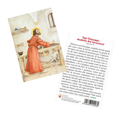 Cartolina San Giuseppe lavoratore. Sul retro "San Giuseppe, modello dei lavoratori"