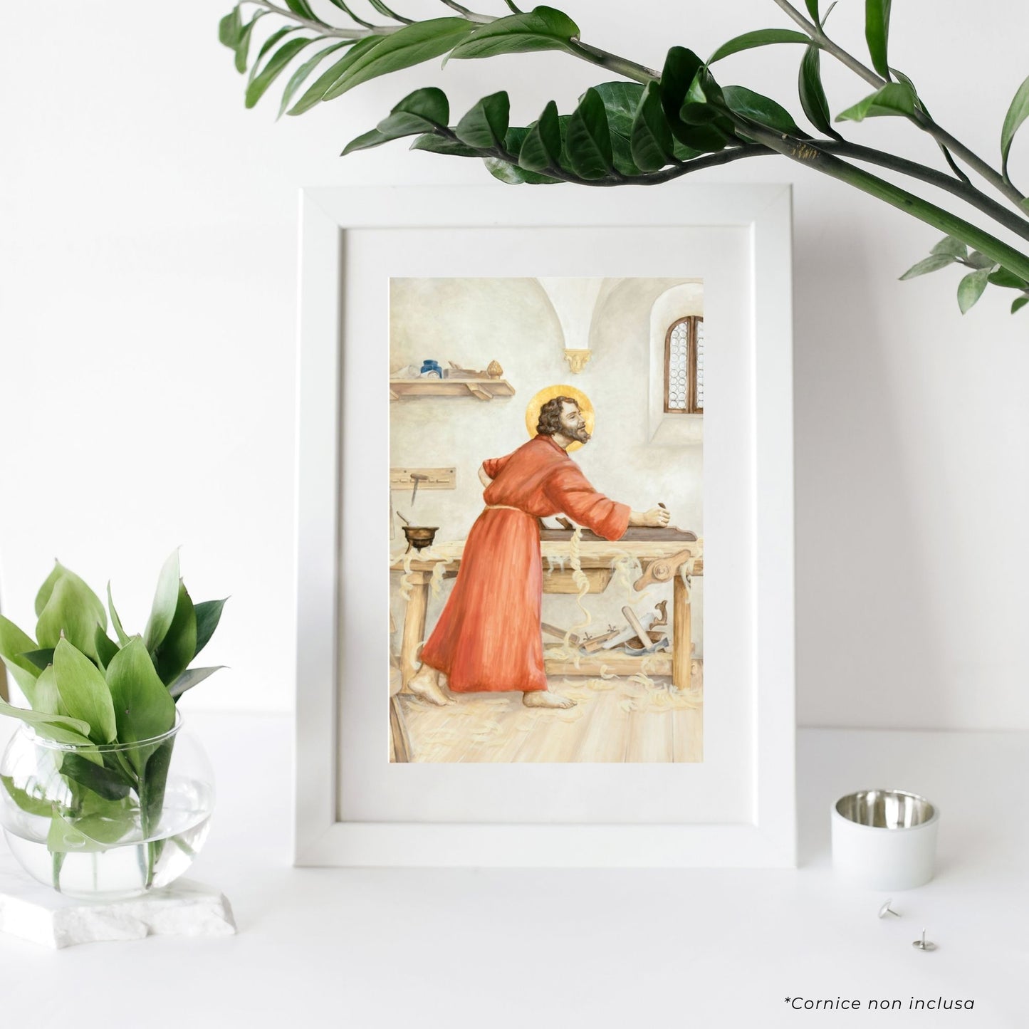 Cartolina San Giuseppe lavoratore. Sul retro "San Giuseppe, modello dei lavoratori"