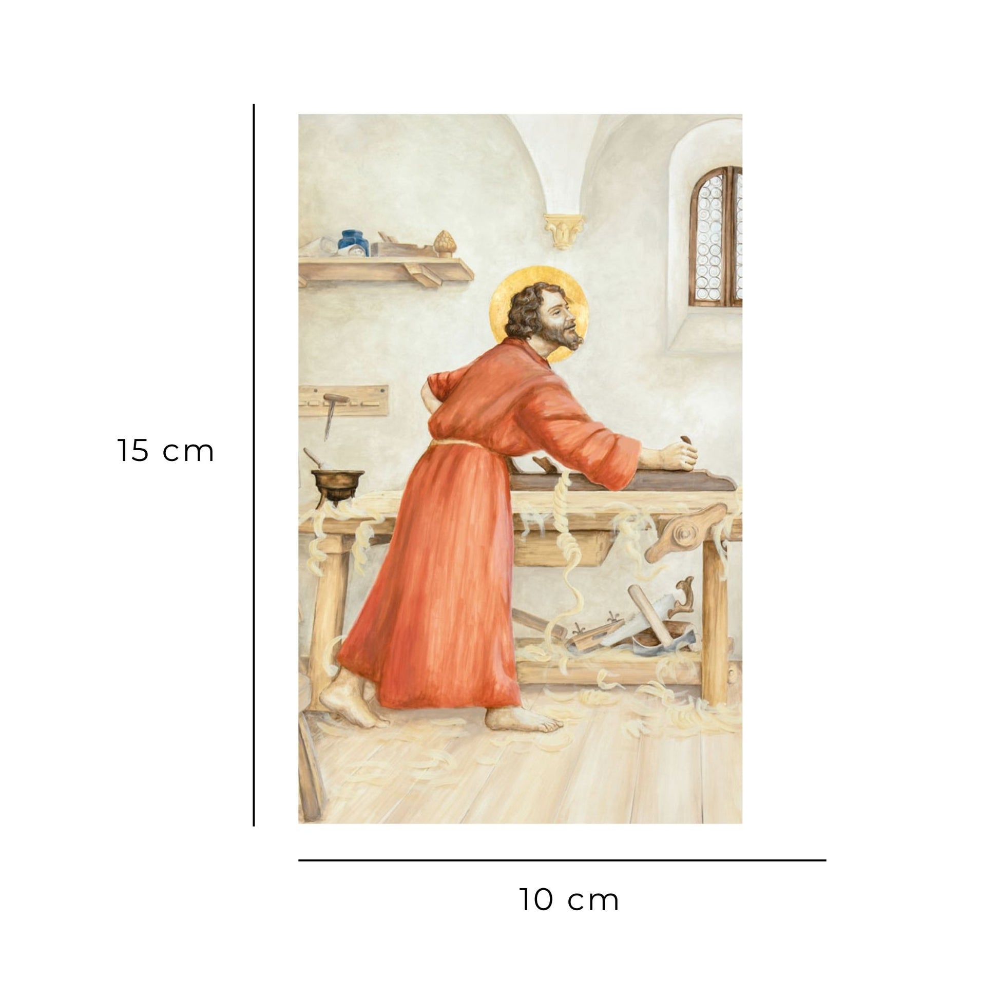 Cartolina San Giuseppe lavoratore. Sul retro "San Giuseppe, modello dei lavoratori"