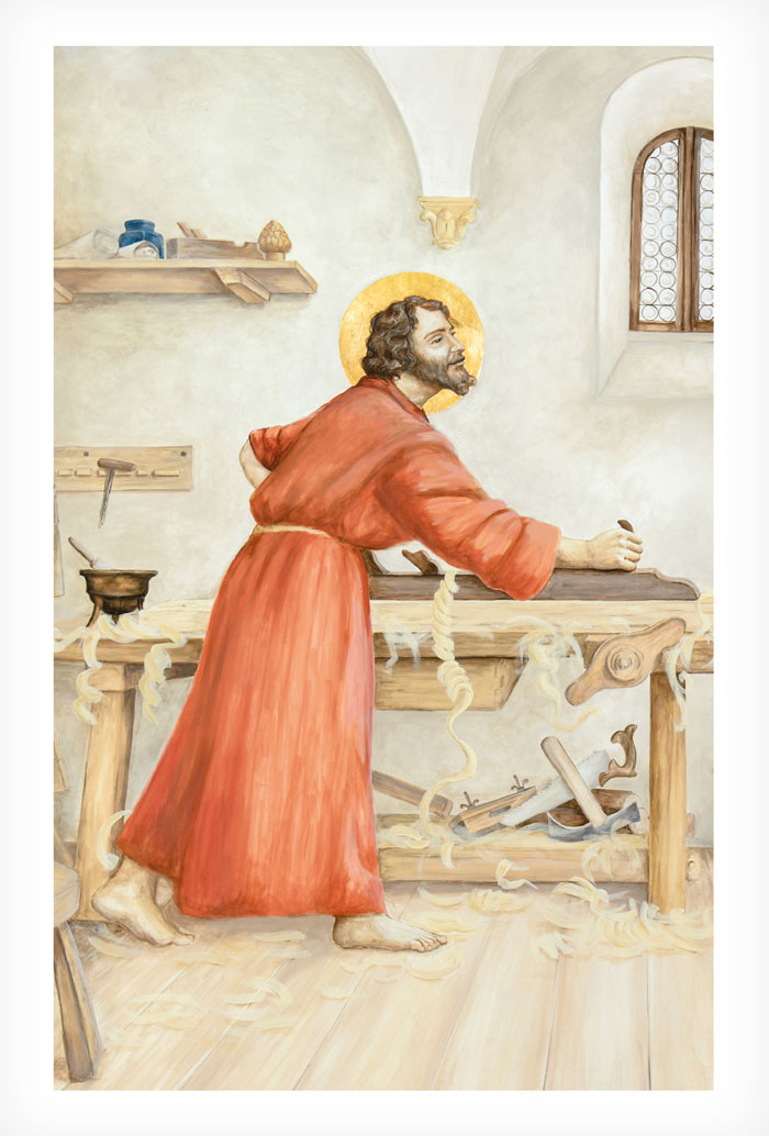 Cartolina San Giuseppe lavoratore. Sul retro "San Giuseppe, modello dei lavoratori"