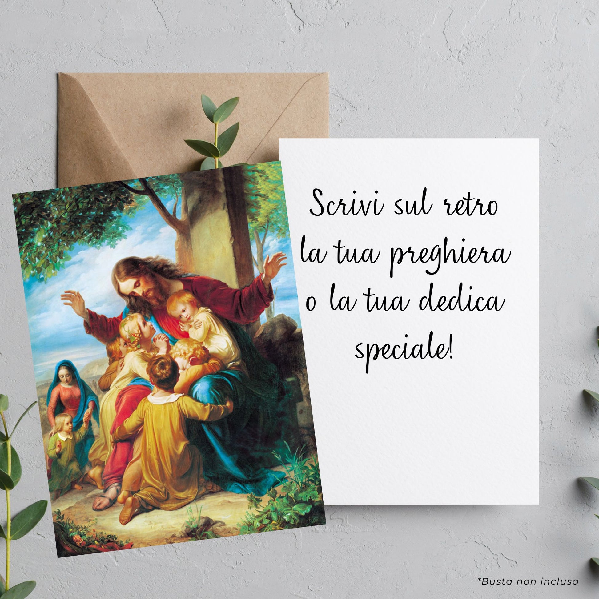 Cartolina Gesù con i pargoli. Retro bianco