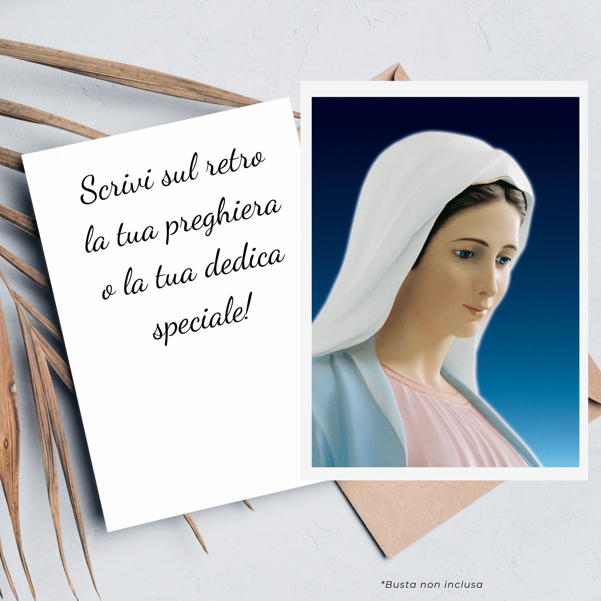 Cartolina beata Vergine Maria profilo con bordo bianco. Retro bianco  
