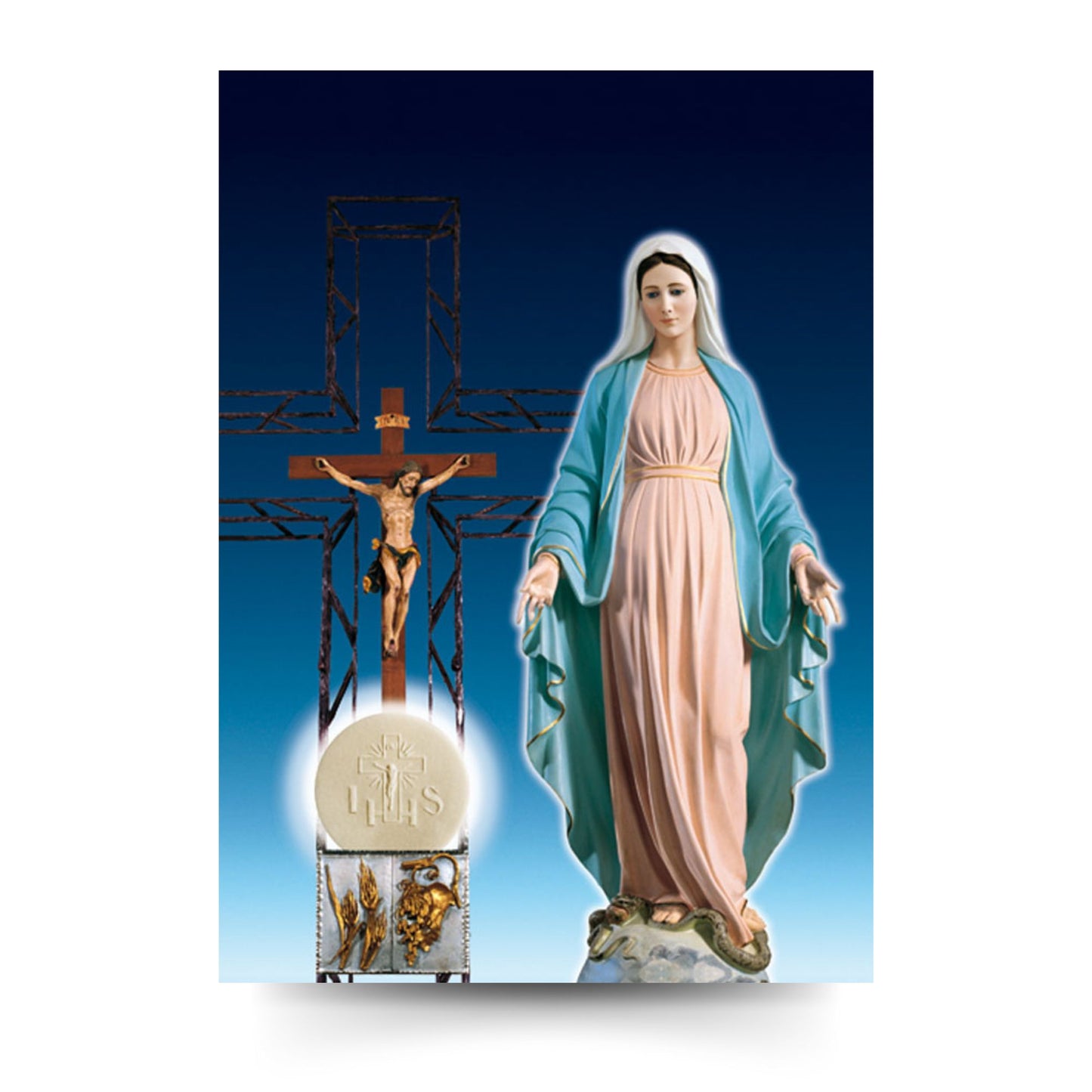 Cartolina beata Vergine Maria con crocifisso e tabernacolo. Retro bianco