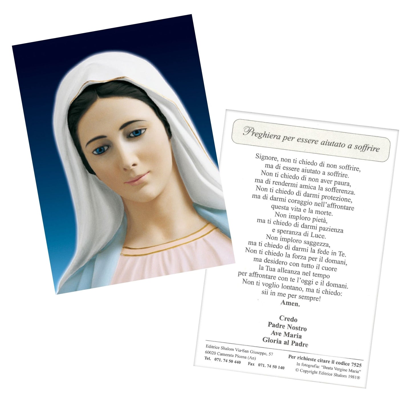 Santino Madonna frontale "Preghiera per essere aiutato a soffrire"
