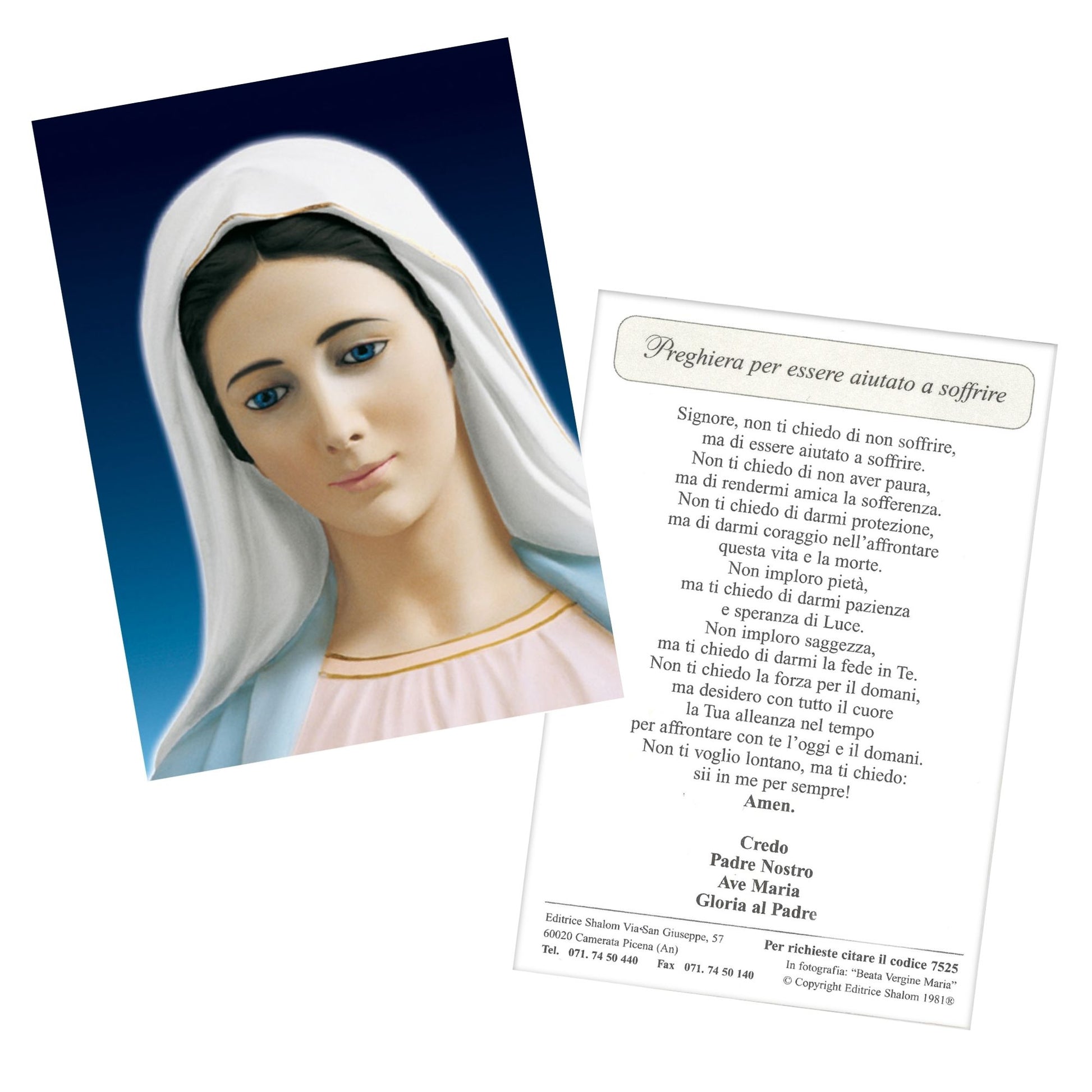Santino Madonna frontale "Preghiera per essere aiutato a soffrire"