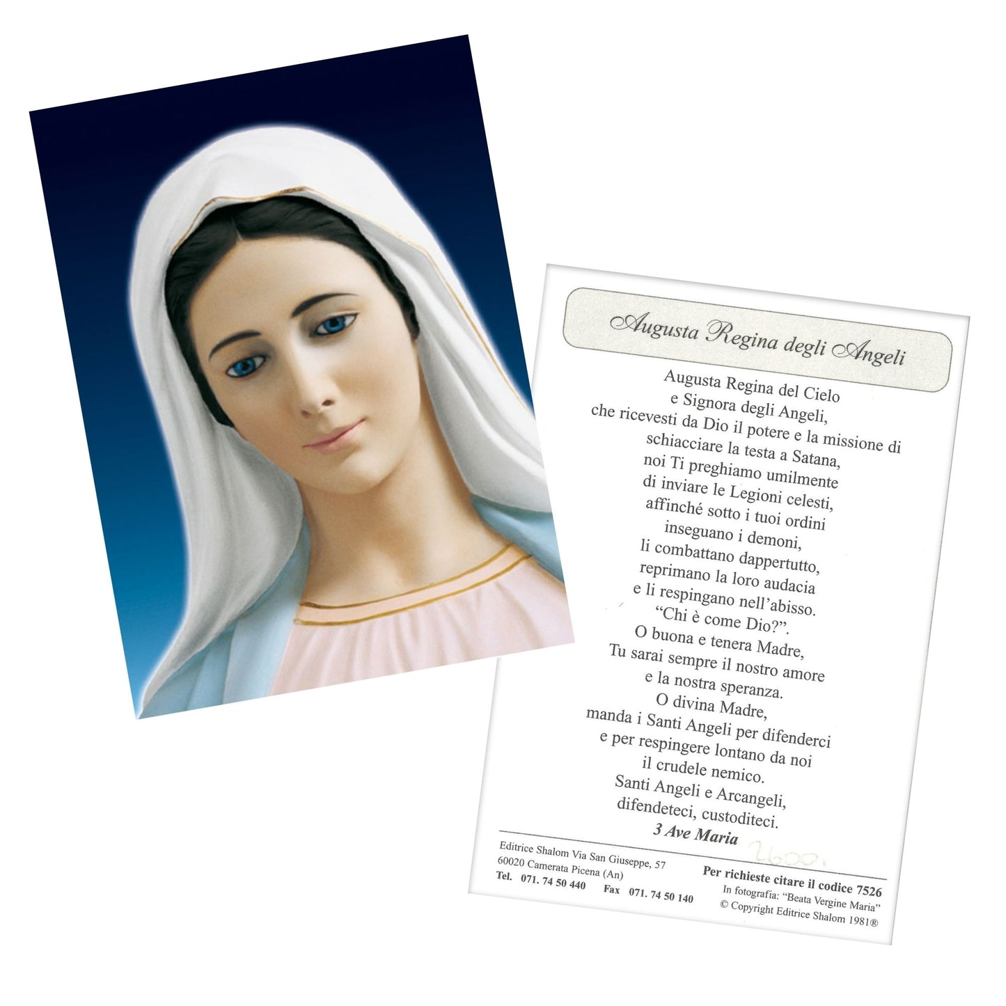 Santino Madonna frontale "Augusta Regina degli angeli"